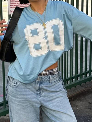 Contrasting Colors Number V-neck, Loose, Casual Basic T-shirts