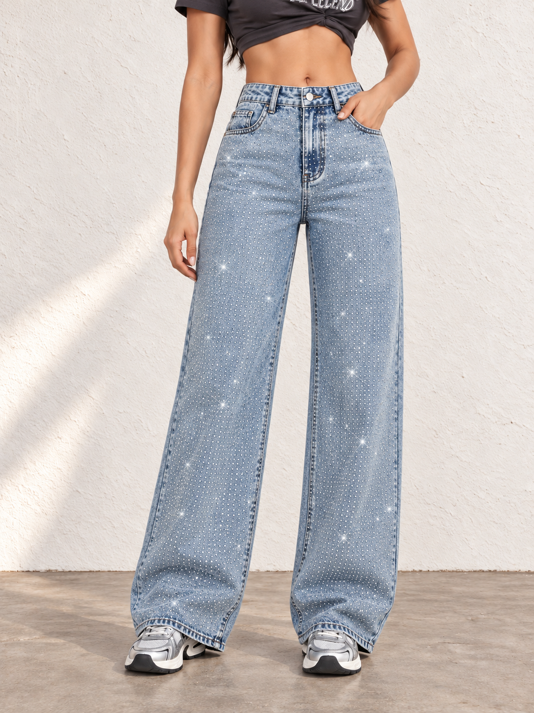 Women's Autumn/Winter Washed Rhinestone-Embellished Wide-Leg Jeans