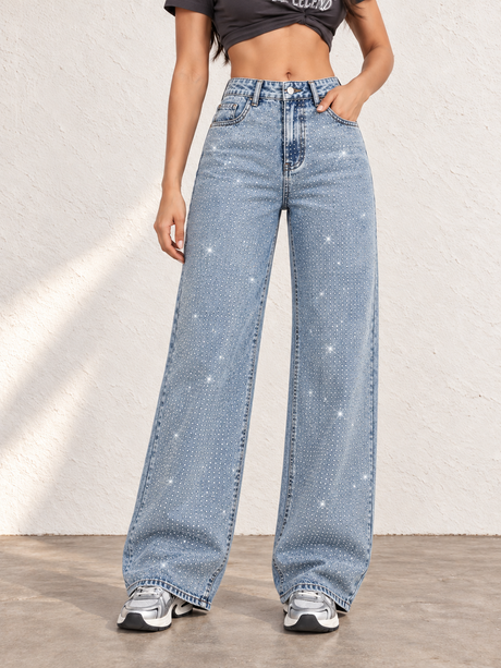 Women's Autumn/Winter Washed Rhinestone-Embellished Wide-Leg Jeans