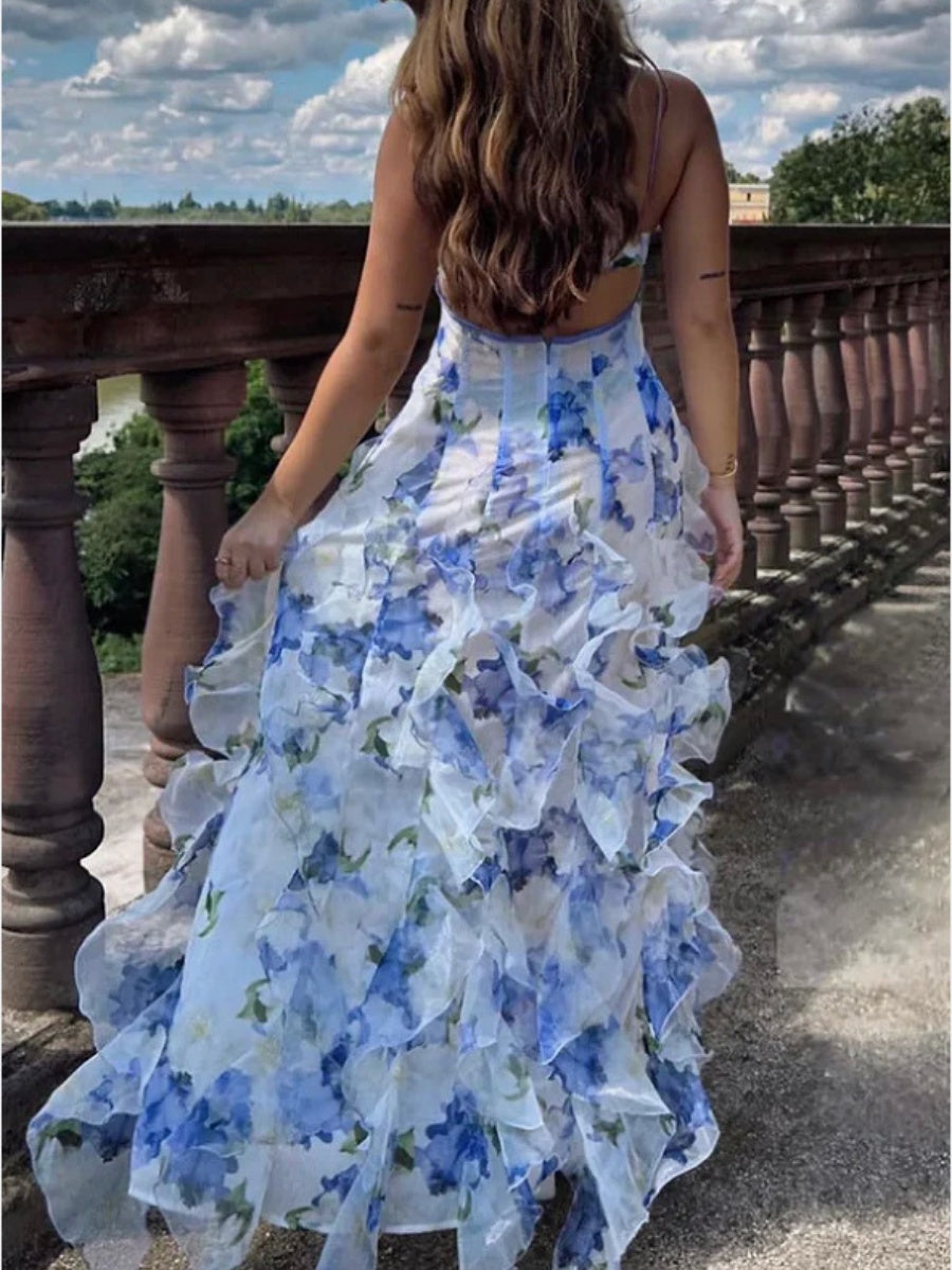 Floral Print Halter Dress With Ruffled Trim