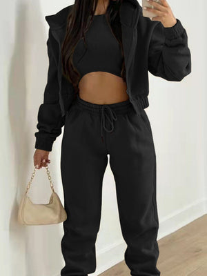 Solid Color Minimalist Hooded Sweatshirt And Casual Sports Pants 3-piece Sets