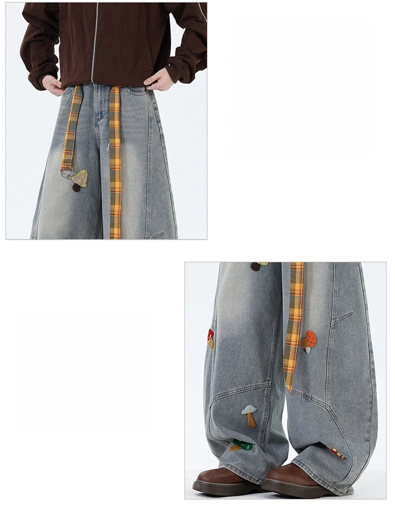 Cartoon Towel Embroidery Machete Loose Wide-leg Jeans