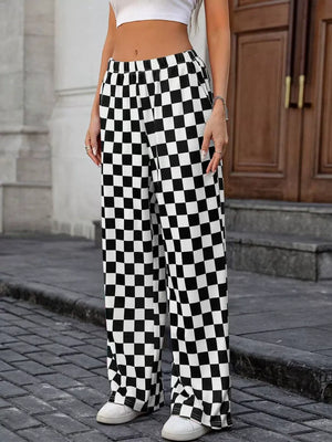 Straight-sided Checkerboard Pattern Printed Leisure High Waist Wide-leg Trousers