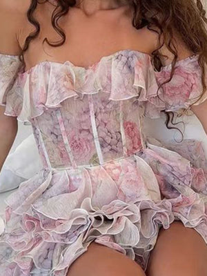 Off Shoulder Ruffle Floral Formal Dress Mini&Short Dresses