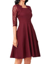 Christmas Square Collar Full Skirt Retro Floral Lace Midi Dresses