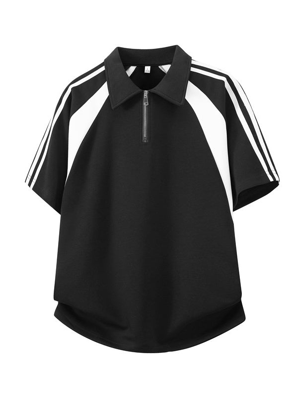 College Style Half Zipper Retro Color-blocked POLO Shirt