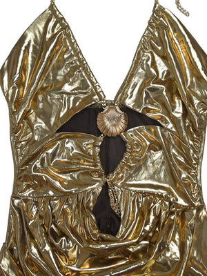 Robe de soirée avec collier doré, brassard plissé, robe maxi à décolleté métallisé et broderies ajourées