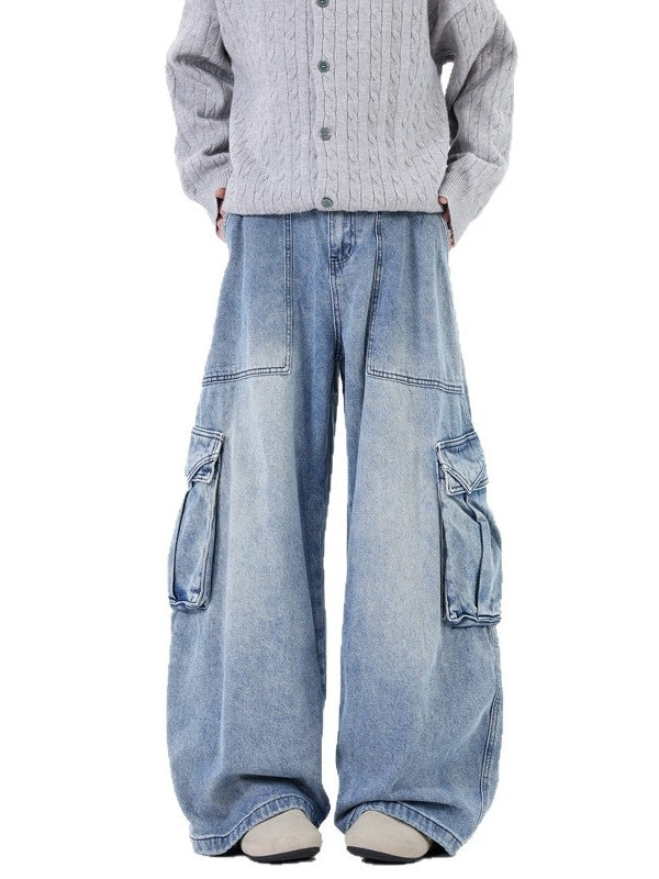 Old Washing Multiple Pockets Tooling Wide-leg Mopping Jeans