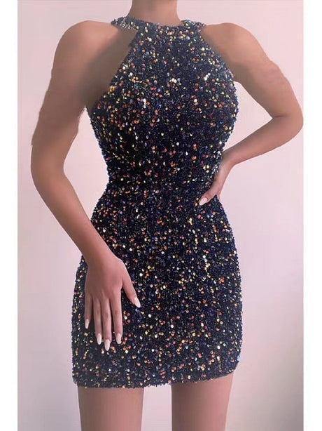 Sexy Halter Neck Crystal Tassel Bodycon Sequined Short Dress