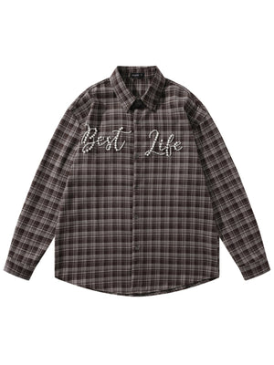 Liber Autumn Neutral wear Beading Plaid Shirts
