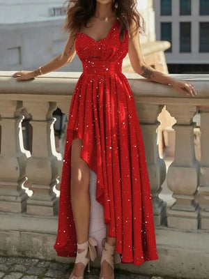 Sloping Shoulders High Waist Formal Dress Irregular Hem Maxi Dresses
