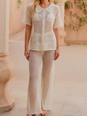 Loose-fitting Short-sleeved Shirt, Casual Trousers, See-through Cutout Sexy Vacation Sun Protection Beachwear