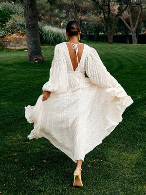 V-neck Textured Fabric Grace White Loose Cocktail Party Lawn Party Maxi Dresses