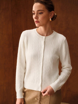 Wool Blend Cable Knit Crew Neck Single-breasted Cardigan