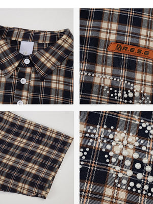 Retro Plaid Pearl Beading Polo Shirts