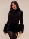 Fur Trim On Cuffs Solid Color Bodysuit