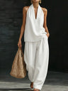Vintage Distressed Washed Denim Sleeveless Top And Loose-fitting Trousers Two-piece Set