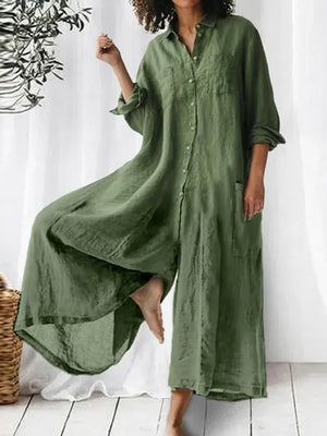 Long-sleeved Mid-length Cotton Linen Shirt Jumpsuit