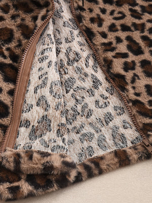 Liber Leopard Print Plush Stand-up Collar Navel Exposed Short Vest