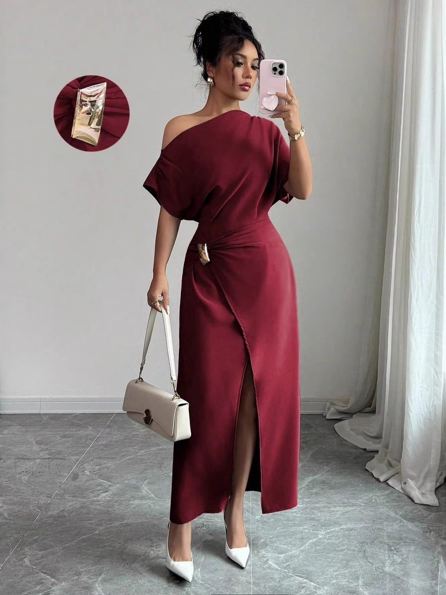 Off-shoulder Slit Commuting Maxi Dresses