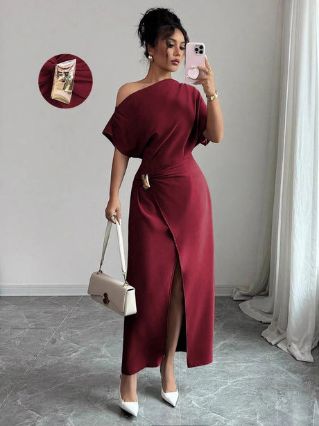 Off-shoulder Slit Commuting Maxi Dresses