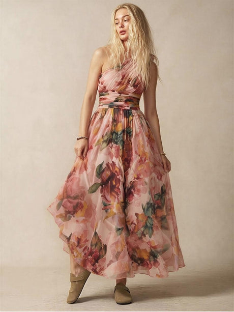 Off-shoulder Sleeveless Floral Print Maxi Dresses