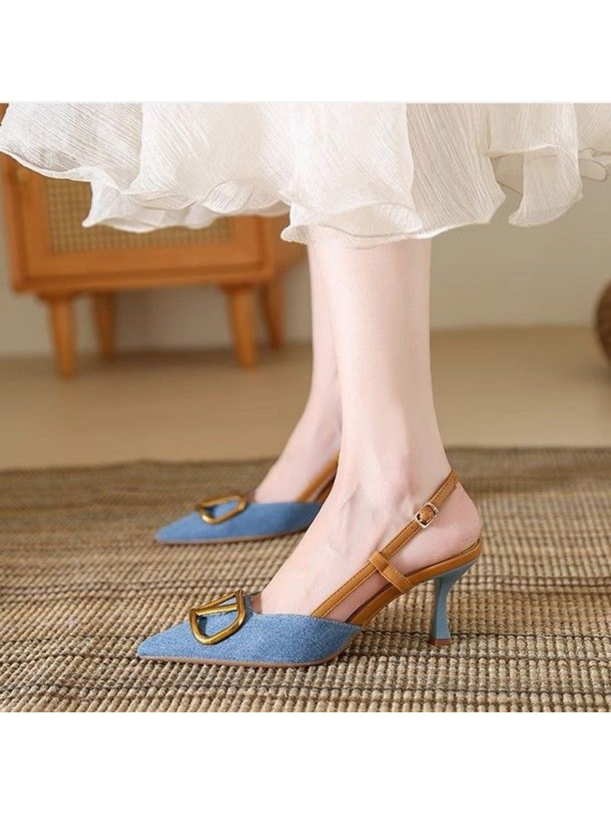 Liber Spring and Autumn Denim Metal Buckle Women's High Heels