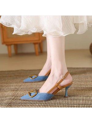 Liber Spring and Autumn Denim Metal Buckle Women's High Heels