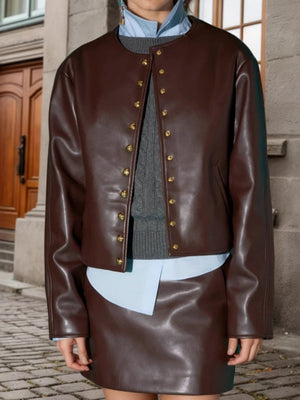 Liber Autumn women's PU leather metal decoration patchwork jacket