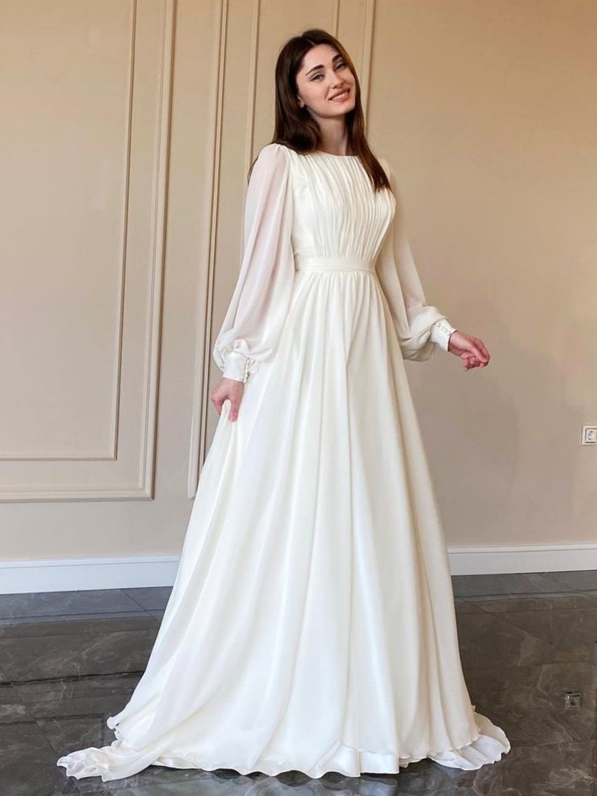 Lantern Pearl Yarn White Wedding Dress Round Neck Dress Zipper Maxi Dresses