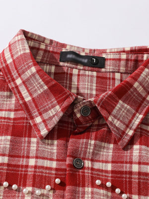 Loose Plaid Cross Beading Long-sleeved Shirt