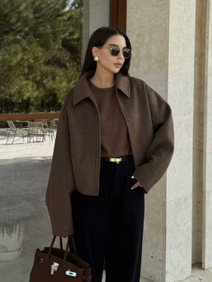 Lapel Zipper Solid Color Simple Oversized Woolen Jacket