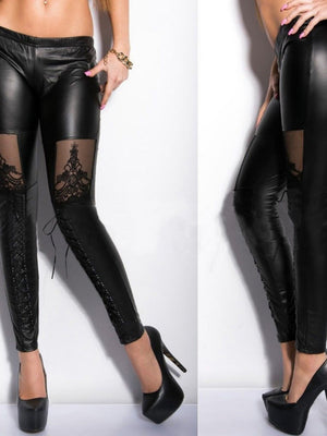 Perspective Lace PU Leather Tight Fit Low Rise Pants