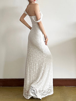 Lace Jacquard Square Neck Suspenders Sweet Pleats Maxi Dresses