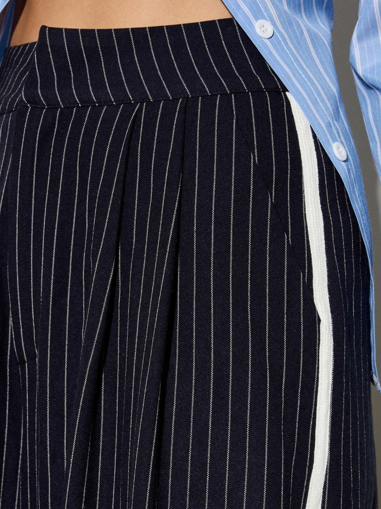 Striped Contrasting High Waist Commuter Women's Navy Blue Suit Trousers
