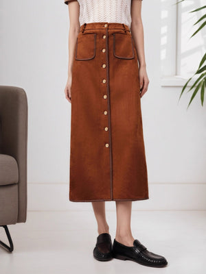 A-shaped Splicing Suede Retro Single-breasted Decoration Daily Workplace Skirt