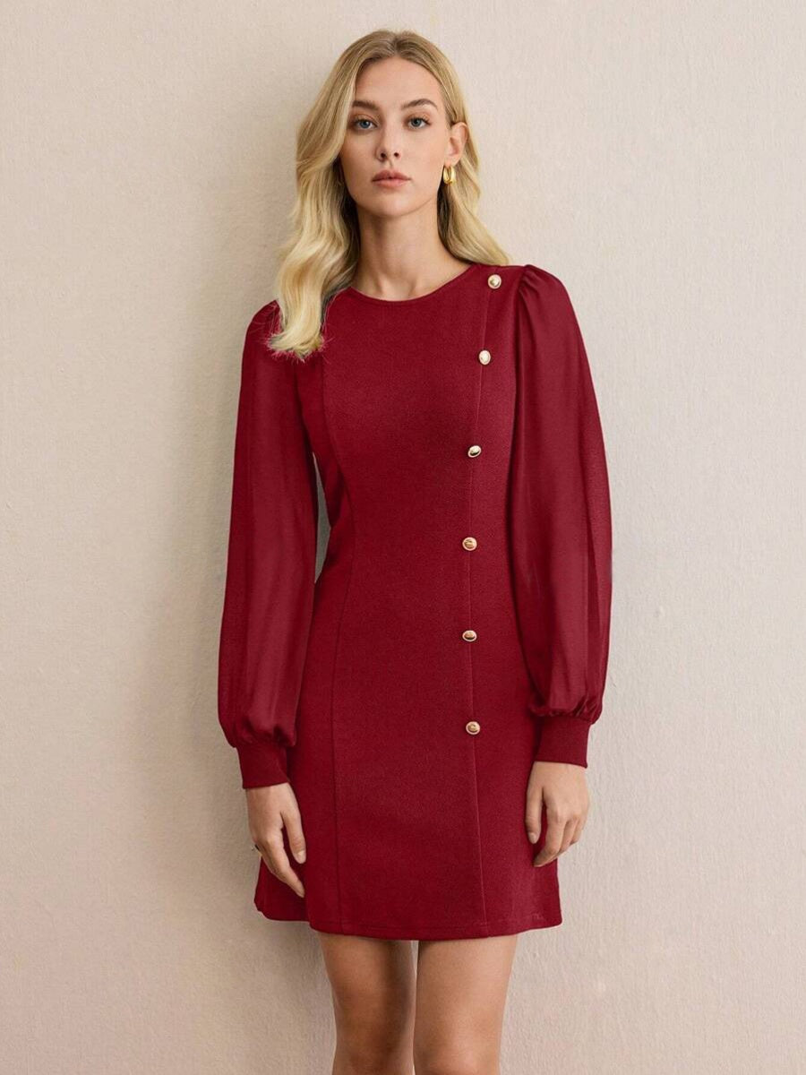 Buttons Solid Color Mini&Short Dresses