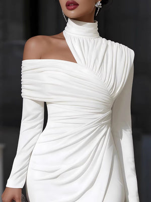 White Solid Color Elegant Slim Fit Midi Dress With Asymmetrical Neckline And Pleats