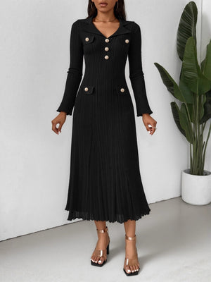 Lapel Button Ribbed Long Sleeve Fishtail Knitted Dress