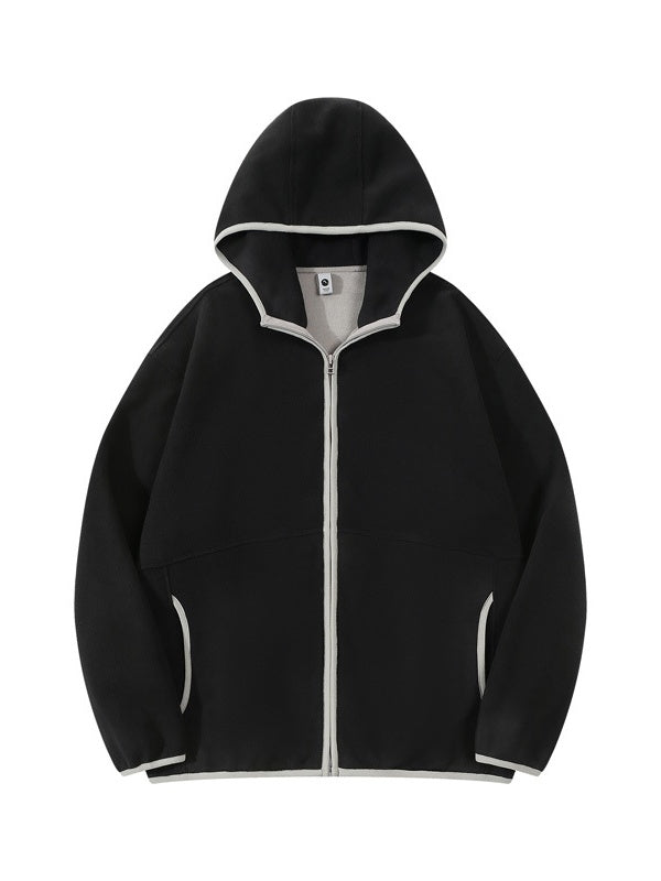 Fleece Contrasting Colors Plush Thickening Keep Warm Hooded Cardigan Jackets