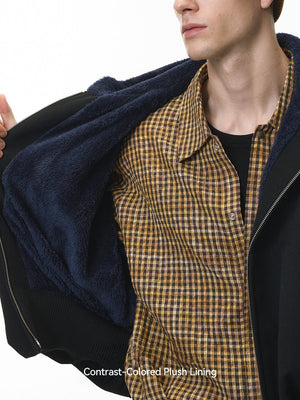 Short Plush Ins Contrasting Colors Hooded Zipper Jacket