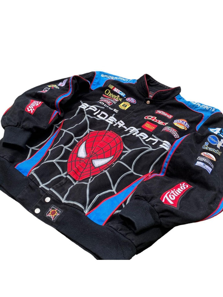 Black Sporty Spider Print Casual Long-Sleeve Motorcycle Style Jackets