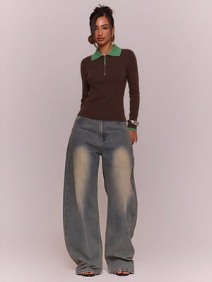 Wool Blend Color-blocked Half-zip Stand Collar Ribbed Pullover Sweater