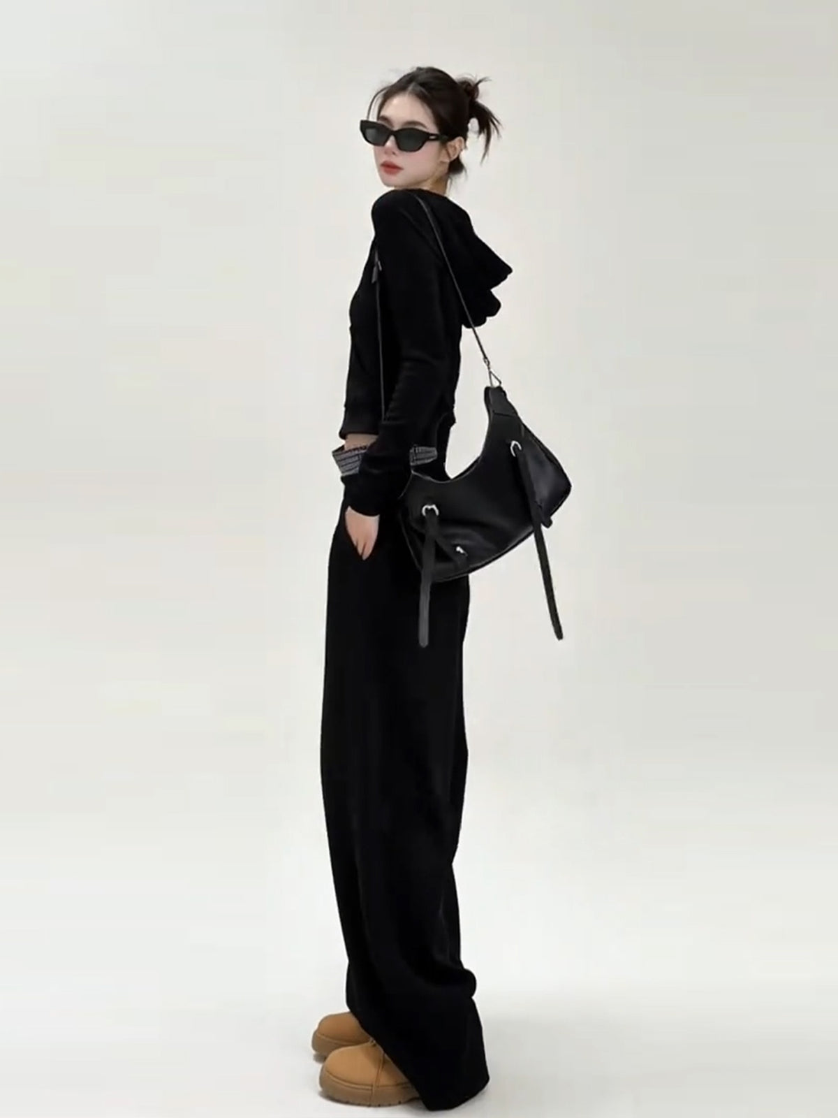 Korean Style Black Hooded Sweatshirt Wide-leg Tracksuit