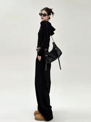 Korean Style Black Hooded Sweatshirt Wide-leg Tracksuit