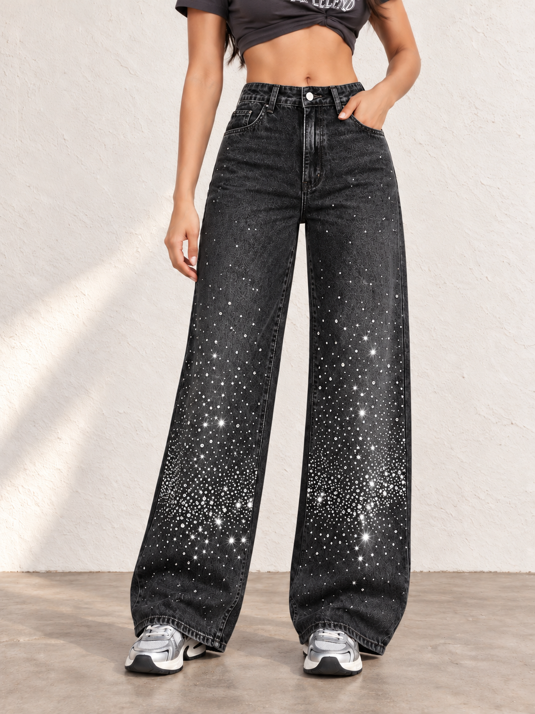 Women's Light-colored Washed Denim Wide-leg Jeans With Shimmering Details For Autumn And Winter