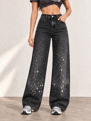 Women's Light-colored Washed Denim Wide-leg Jeans With Shimmering Details For Autumn And Winter