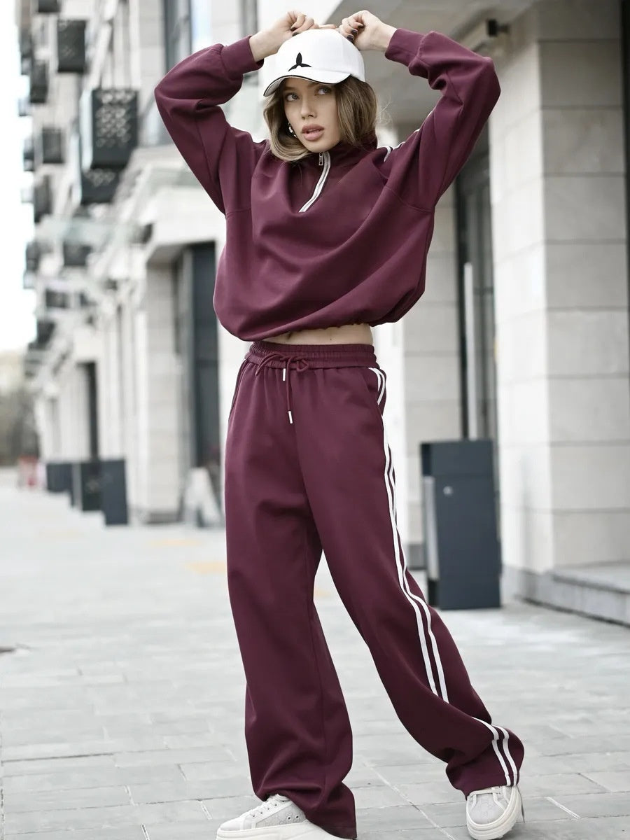 Sweatshirts&Hoodies Striped Sweatpants Loose Long Sleeve Half-zip Collar Hood Sweatshirts&Hoodies Lace Up Sweatpants 2-piece Sets