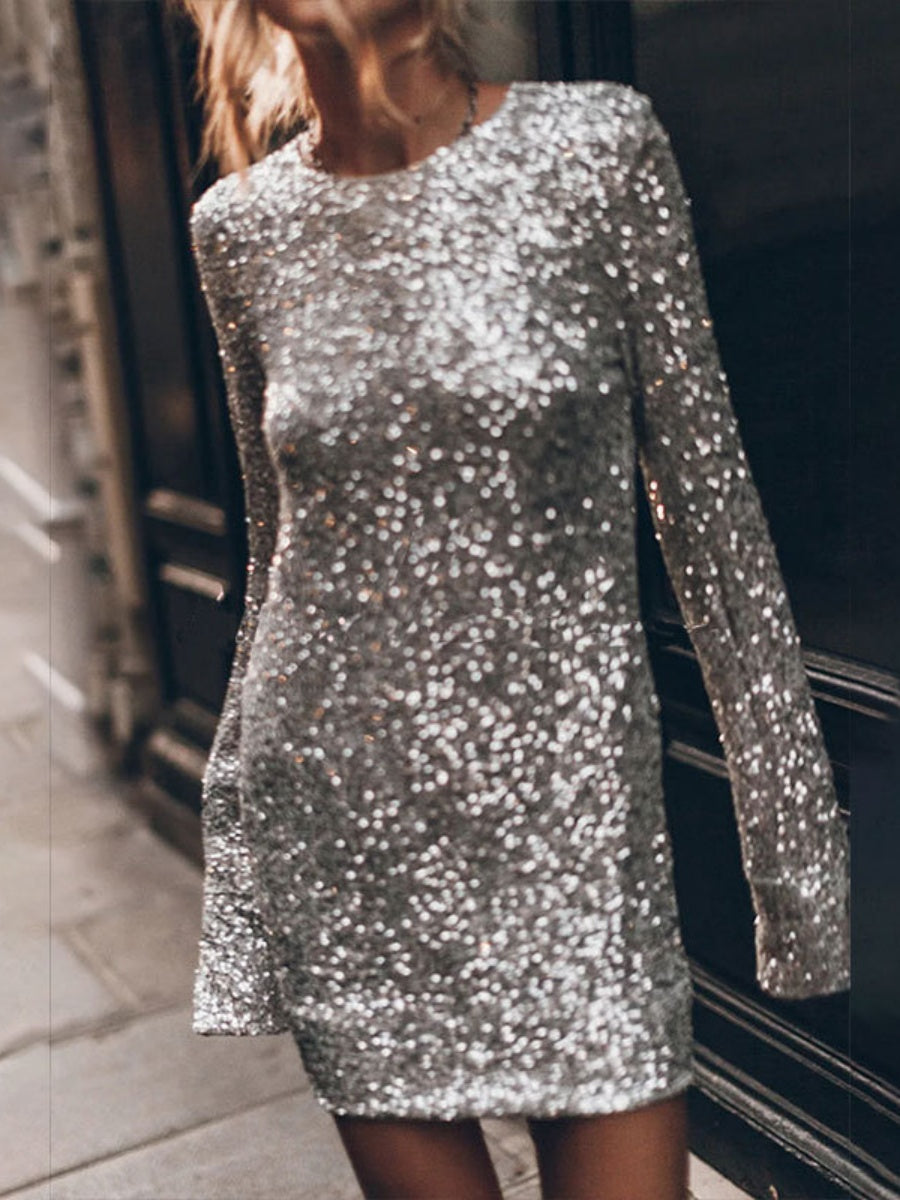 Sequins Long Sleeve Hip Mini&Short Dresses