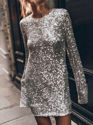 Sequins Long Sleeve Hip Mini&Short Dresses